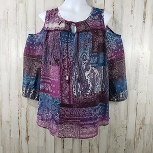B.L.U.E. Womens Top Multicolor Cold Shoulder Boho